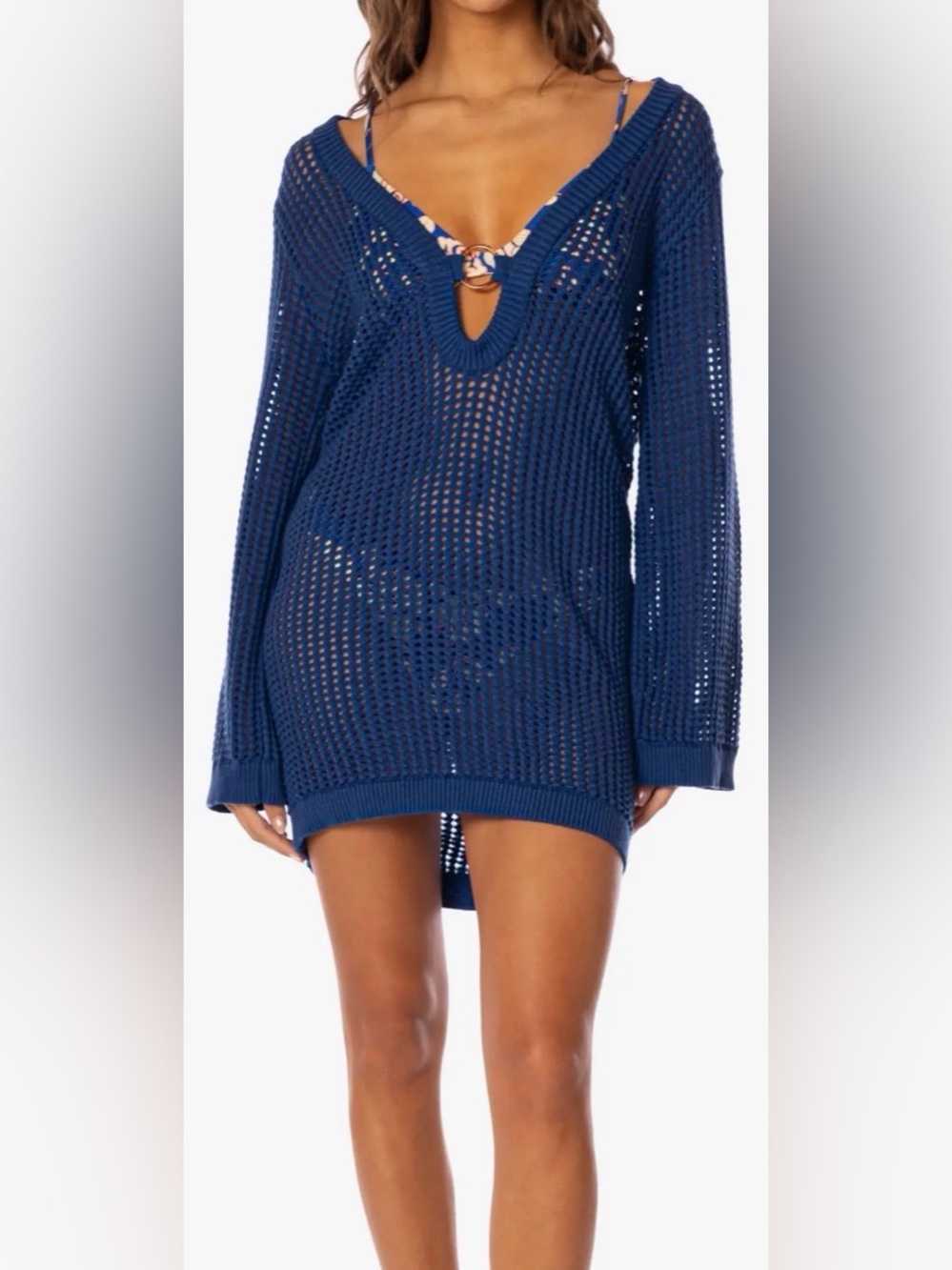 MAAJI Ian Long Sleeve Sheer Cotton Open Stitch Cover-Up Minidress Size M